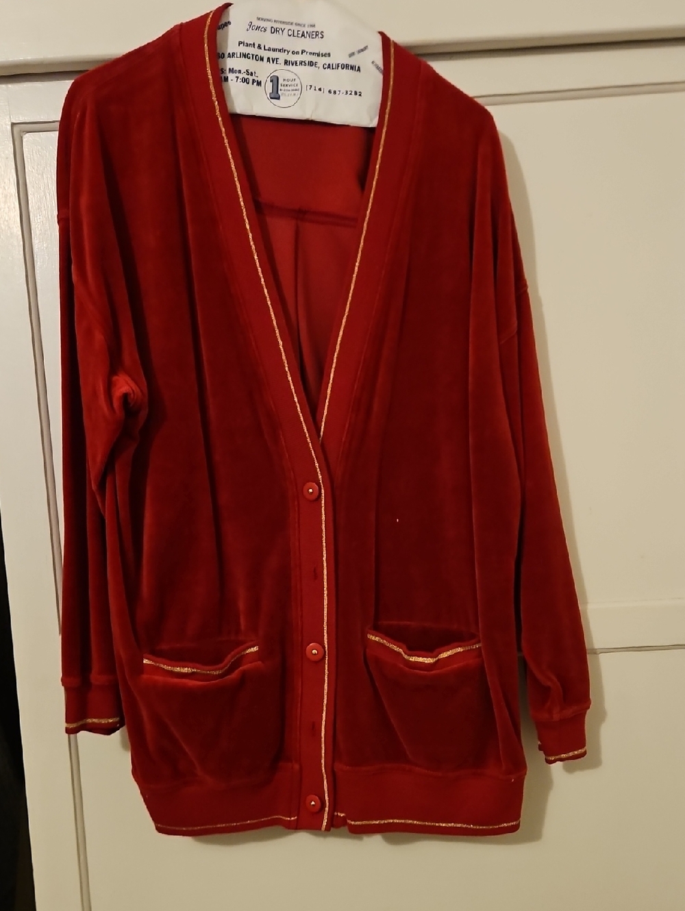 Velvet Open-Front Cardigan with Gold Trim - Red